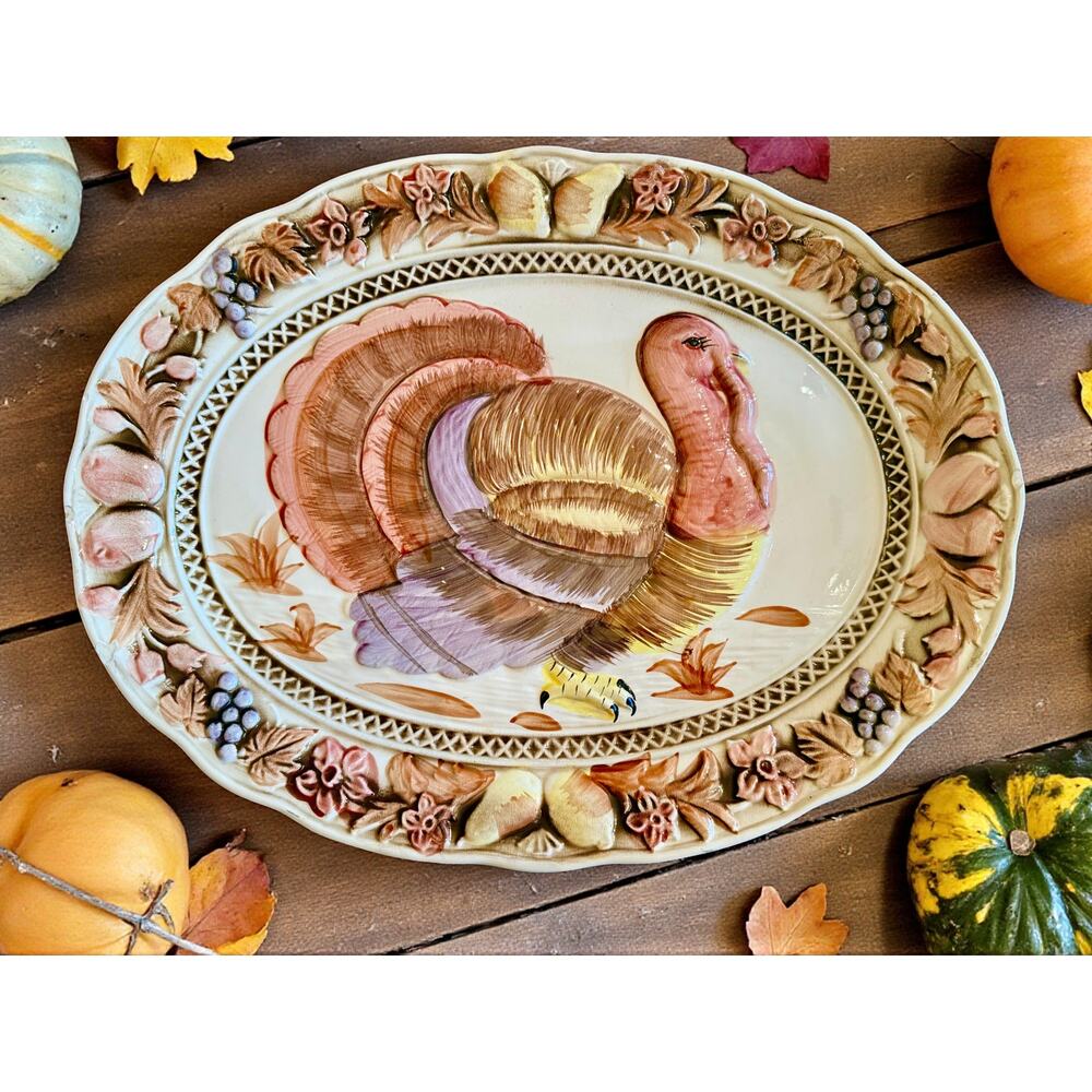 Vintage Japan Turkey Platter-19''-Thanksgiving Fall Harvest Serving Tray-Holiday